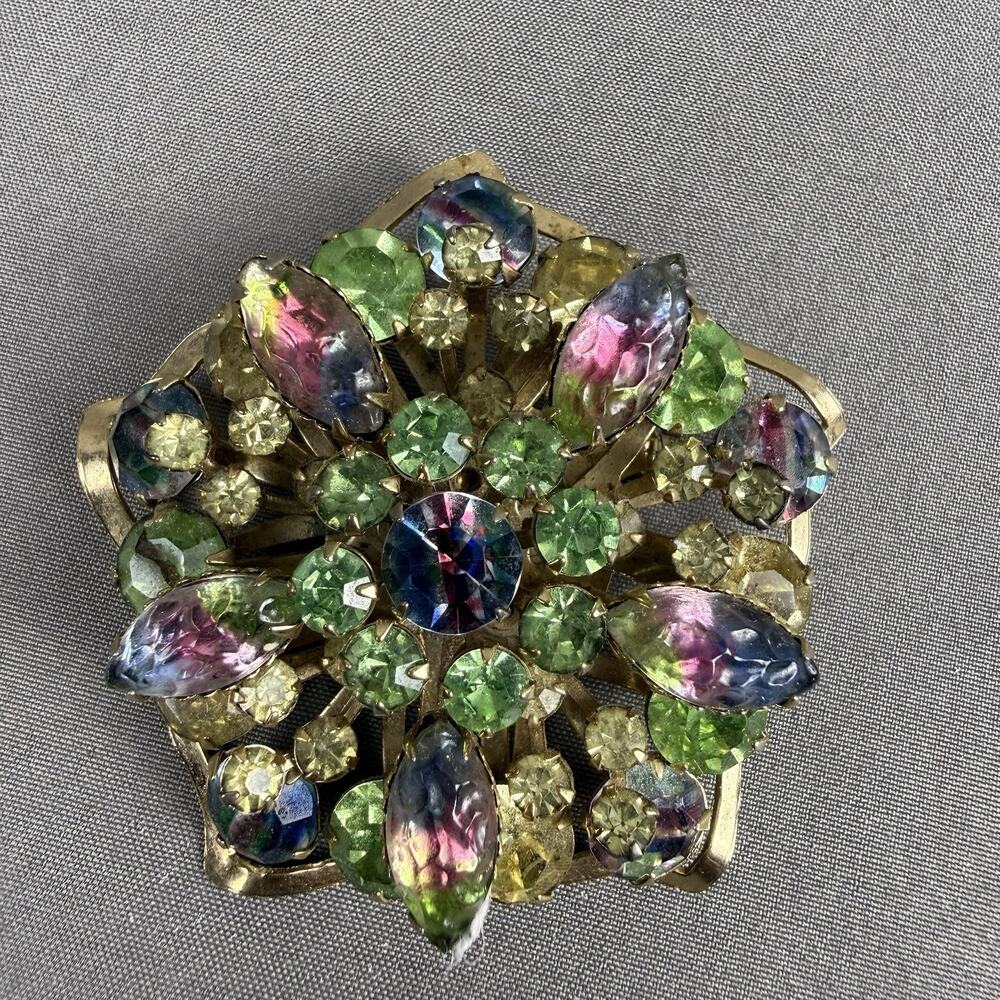 Vintage Estate Watermelon Vitrail Rhinestone Floral Brooch Pin Layered Domed